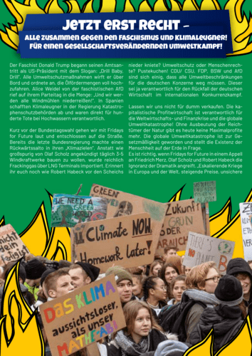 Flyer zu FFF: Jetzt erst Recht – Alle zusammen gegen den Faschismus und Klimaleugner! Für einen gesellschaftsverändernden Umweltkampf!