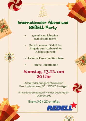 Samstag in Stuttgart: Internationaler Abend und REBELL-Party
